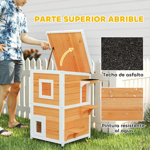 PawHut Casa para Gatos Exterior em Madeira 2 Níveis com Telhado Basculante Painel Central Removível Janelas Portas para Terraço Varanda Jardim 51x51x81,3 cm Madeira
