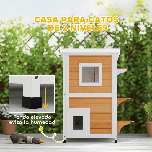 PawHut Casa para Gatos Exterior em Madeira 2 Níveis com Telhado Basculante Painel Central Removível Janelas Portas para Terraço Varanda Jardim 51x51x81,3 cm Madeira