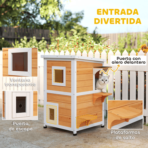 PawHut Casa para Gatos Exterior em Madeira 2 Níveis com Telhado Basculante Painel Central Removível Janelas Portas para Terraço Varanda Jardim 51x51x81,3 cm Madeira