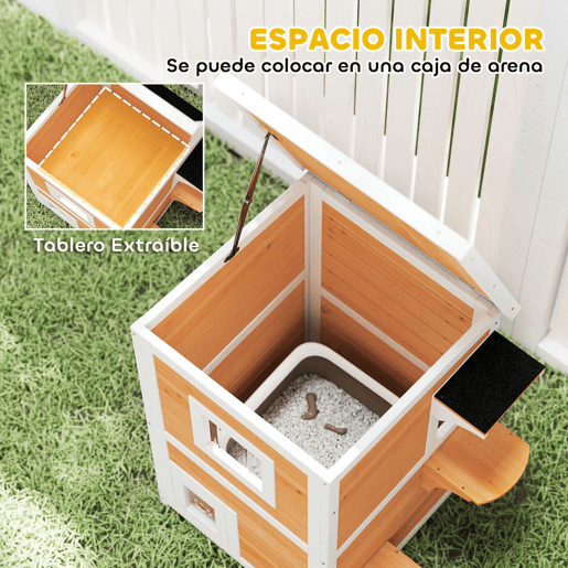 PawHut Casa para Gatos Exterior em Madeira 2 Níveis com Telhado Basculante Painel Central Removível Janelas Portas para Terraço Varanda Jardim 51x51x81,3 cm Madeira