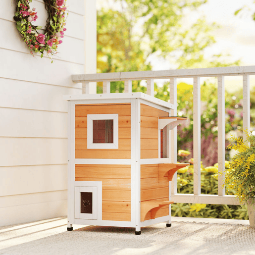 PawHut Casa para Gatos Exterior em Madeira 2 Níveis com Telhado Basculante Painel Central Removível Janelas Portas para Terraço Varanda Jardim 51x51x81,3 cm Madeira