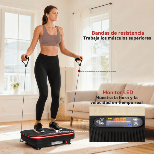 SPORTNOW Plataforma Vibratória 99 Velocidades 3 Programas Plataforma de Vibração Muscular com Bluetooth Ecrã LED Luzes Com Controlo Remoto Bandas Elásticas Para Exercício em Casa 47x32x12 cm Preto