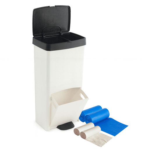 Conjunto de lixeiras de 70L para lixo ou reciclagem, nas cores PRETO E BRANCO, VERTICAIS, com 2 compartimentos, 76 cm de altura, fáceis de usar, INCLUI sacos de lixo adaptados (10L + 30L)