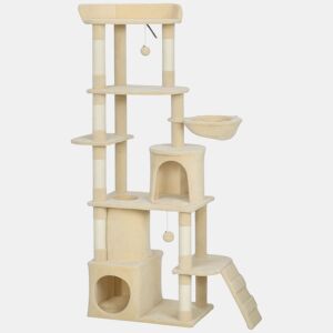 PawHut Arranhador para Gatos Grande Altura 170 cm Torre de Escalada com 7 Postes 1 Túnel 3 Plataformas 2 Cavernas 1 Rede 1 Poleiro 1 Rampa Pompons Bege