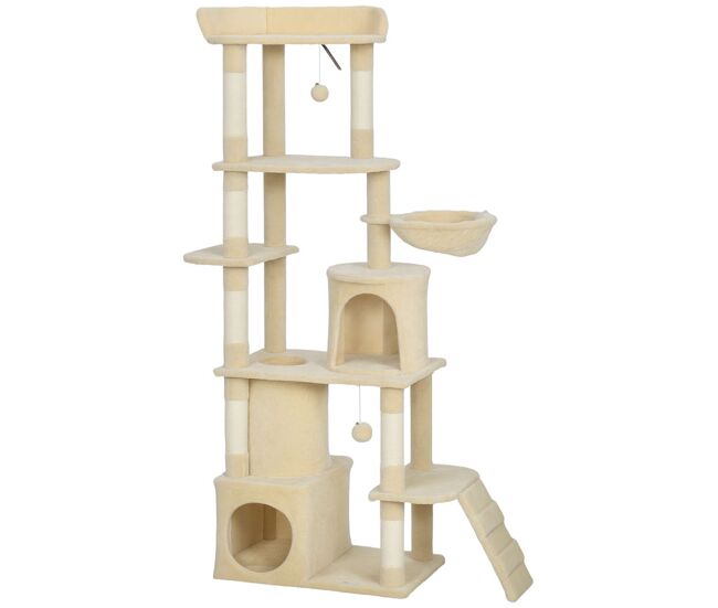 Pawhut árbol rascador para gatos grande, árbol para gatos, altura 170 cm, torre de escalada con 7 postes, 1 túnel, 3 plataformas, 2 cuevas, 1 hamaca, 1 percha, 1 rampa, pompones, beige