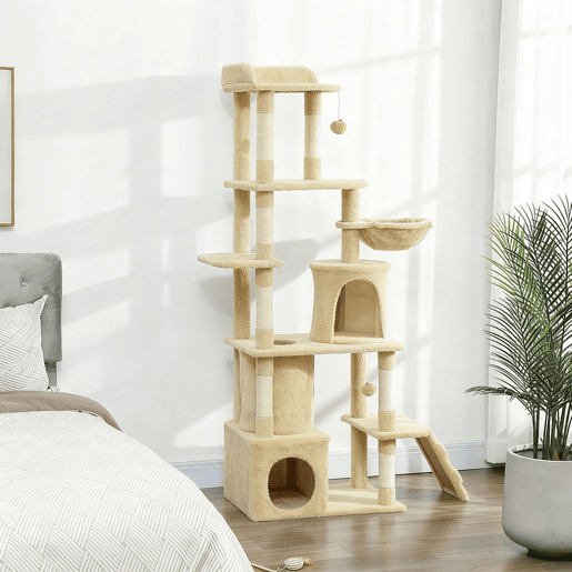 PawHut Arranhador para Gatos Grande Altura 170 cm Torre de Escalada com 7 Postes 1 Túnel 3 Plataformas 2 Cavernas 1 Rede 1 Poleiro 1 Rampa Pompons Bege