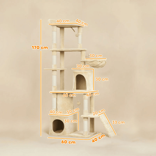 PawHut Arranhador para Gatos Grande Altura 170 cm Torre de Escalada com 7 Postes 1 Túnel 3 Plataformas 2 Cavernas 1 Rede 1 Poleiro 1 Rampa Pompons Bege