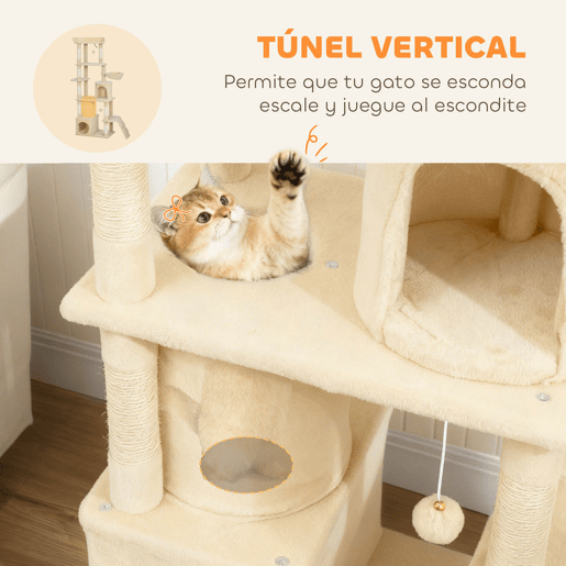 PawHut Arranhador para Gatos Grande Altura 170 cm Torre de Escalada com 7 Postes 1 Túnel 3 Plataformas 2 Cavernas 1 Rede 1 Poleiro 1 Rampa Pompons Bege