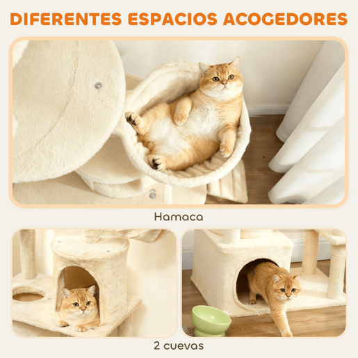 PawHut Arranhador para Gatos Grande Altura 170 cm Torre de Escalada com 7 Postes 1 Túnel 3 Plataformas 2 Cavernas 1 Rede 1 Poleiro 1 Rampa Pompons Bege