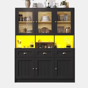 Aparador 140x40x175 cm - Vitrine com prateleiras ajustáveis, LED, cores variáveis - Preto