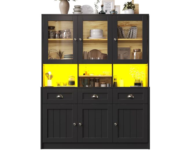 Aparador 140x40x175 cm - vitrina con estantes ajustables, led, colores variables - negro