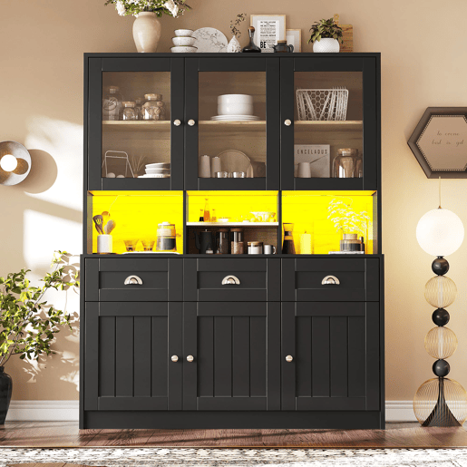 Aparador 140x40x175 cm - Vitrine com prateleiras ajustáveis, LED, cores variáveis - Preto