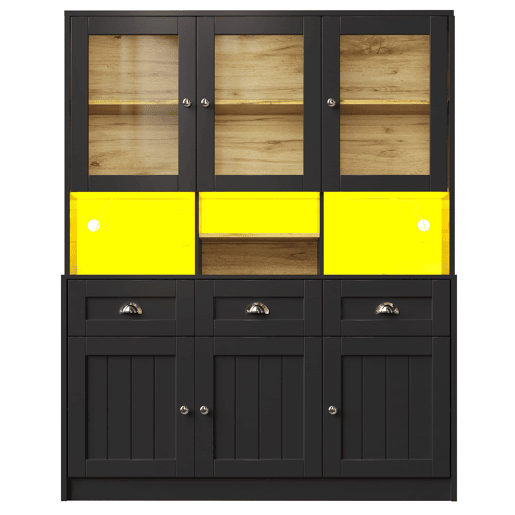 Aparador 140x40x175 cm - Vitrine com prateleiras ajustáveis, LED, cores variáveis - Preto