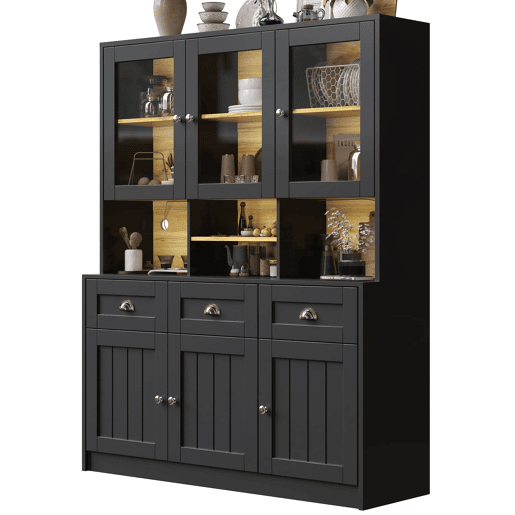 Aparador 140x40x175 cm - Vitrine com prateleiras ajustáveis, LED, cores variáveis - Preto