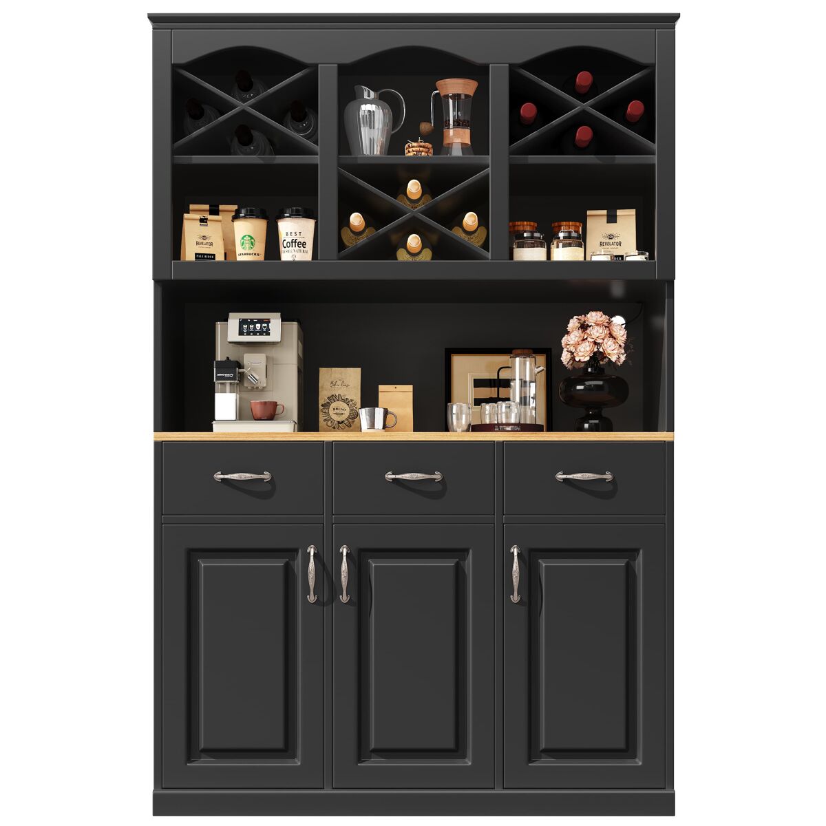 Aparador 120x40x180 cm - buffet alto, con 3 puertas, 3 cajones y led - negro