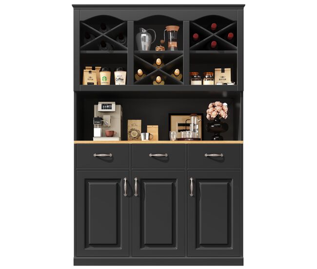 Aparador 120x40x180 cm - buffet alto, con 3 puertas, 3 cajones y led - negro