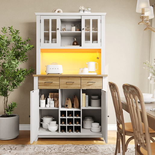Aparador 106 x 40 x 179,5 cm - Móvel alto com prateleiras ajustáveis, aparador com iluminação LED - Branco
