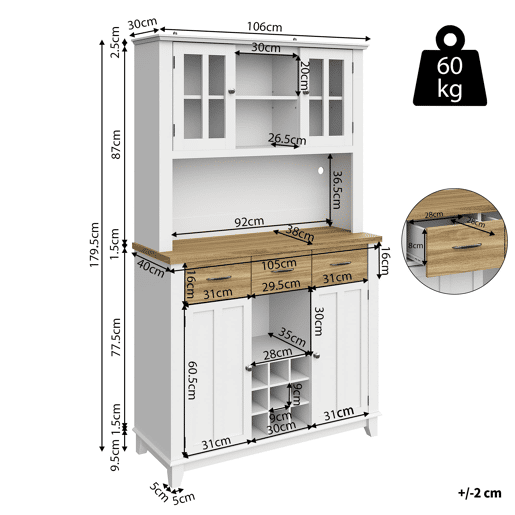 Aparador 106 x 40 x 179,5 cm - Móvel alto com prateleiras ajustáveis, aparador com iluminação LED - Branco