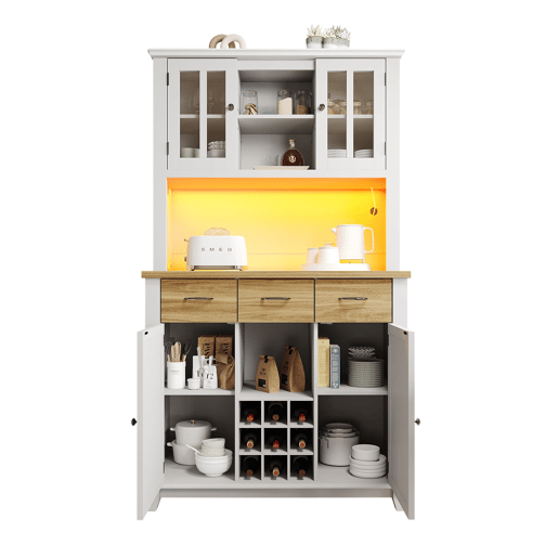 Aparador 106 x 40 x 179,5 cm - Móvel alto com prateleiras ajustáveis, aparador com iluminação LED - Branco