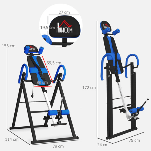HOMCOM Mesa de Inversão Dobrável com Cinto de Segurança Altura Regulável para Utilizadores de 1,30 a 1,90 m Mesa de Inversão para Exercício e Alívio de Dores nas Costas Capacidade 150 kg 79x114x153 cm Preto e Azul
