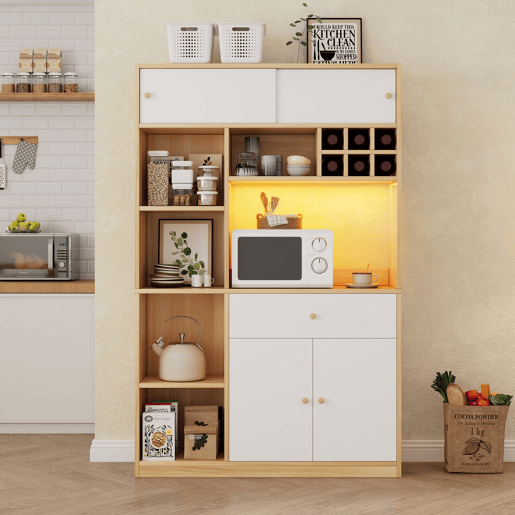 Aparador 115x35x180 cm - Buffet com LED, armário multifuncional, 1 gaveta, 3 portas, prateleiras Aparador 115x35x180 cm - Buffet com LED, armário multifuncional, 1 gaveta, 3 portas, prateleiras