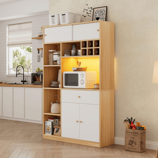 Aparador 115x35x180 cm - Buffet com LED, armário multifuncional, 1 gaveta, 3 portas, prateleiras Aparador 115x35x180 cm - Buffet com LED, armário multifuncional, 1 gaveta, 3 portas, prateleiras