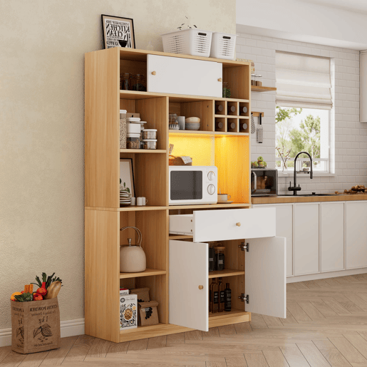 Aparador 115x35x180 cm - Buffet com LED, armário multifuncional, 1 gaveta, 3 portas, prateleiras Aparador 115x35x180 cm - Buffet com LED, armário multifuncional, 1 gaveta, 3 portas, prateleiras