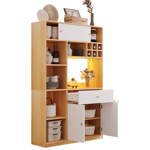 Aparador 115x35x180 cm - Buffet com LED, armário multifuncional, 1 gaveta, 3 portas, prateleiras Aparador 115x35x180 cm - Buffet com LED, armário multifuncional, 1 gaveta, 3 portas, prateleiras