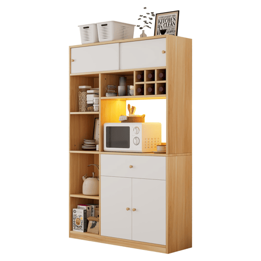 Aparador 115x35x180 cm - Buffet com LED, armário multifuncional, 1 gaveta, 3 portas, prateleiras Aparador 115x35x180 cm - Buffet com LED, armário multifuncional, 1 gaveta, 3 portas, prateleiras