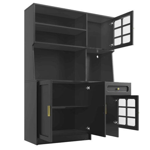 Aparador 130x45x180 cm - Armário alto com portas de vidro e LED - Preto