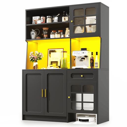 Aparador 130x45x180 cm - Armário alto com portas de vidro e LED - Preto