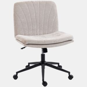 HOMCOM Cadeira de Escritório Pernas Cruzadas Cadeira de Secretária com Assento Largo sem Apoios de Braço Rodas Altura Ajustável Giratória Função Basculante Estofada em Chenille Bege