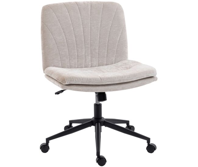Homcom silla de oficina piernas cruzadas, silla de escritorio con asiento ancho, sin reposabrazos, ruedas, altura ajustable, giratoria, función basculante, tapizada en chenilla, 62x67x83-93 cm, beige