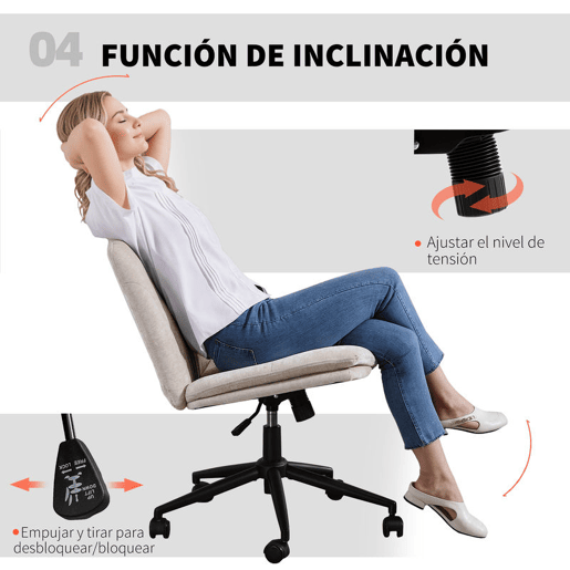 HOMCOM Cadeira de Escritório Pernas Cruzadas Cadeira de Secretária com Assento Largo sem Apoios de Braço Rodas Altura Ajustável Giratória Função Basculante Estofada em Chenille Bege