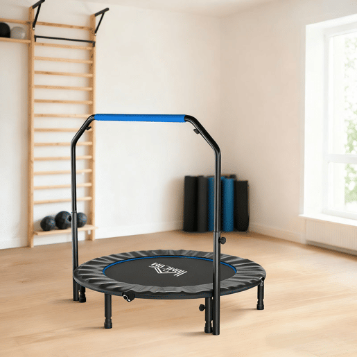 HOMCOM Trampolim Fitness Ø122 Trampolim Dobrável com Pega Ajustável em 4 Níveis Estrutura de Aço para Treino de Pernas Corpo em Casa Escritório Ginásio Azul