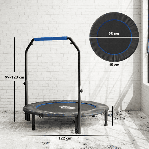 HOMCOM Trampolim Fitness Ø122 Trampolim Dobrável com Pega Ajustável em 4 Níveis Estrutura de Aço para Treino de Pernas Corpo em Casa Escritório Ginásio Azul