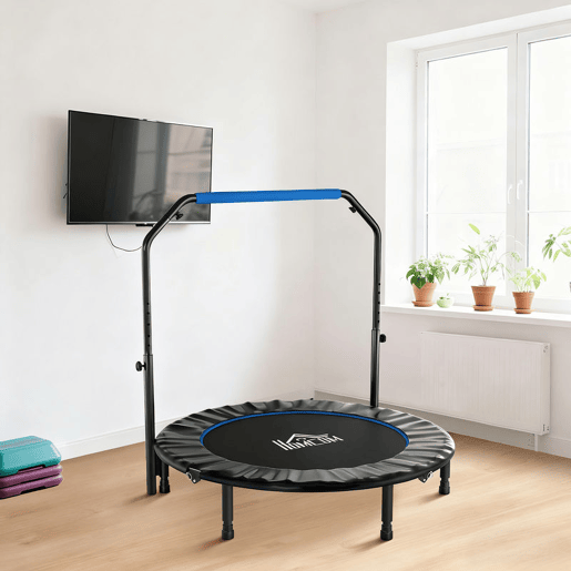 HOMCOM Trampolim Fitness Ø122 Trampolim Dobrável com Pega Ajustável em 4 Níveis Estrutura de Aço para Treino de Pernas Corpo em Casa Escritório Ginásio Azul