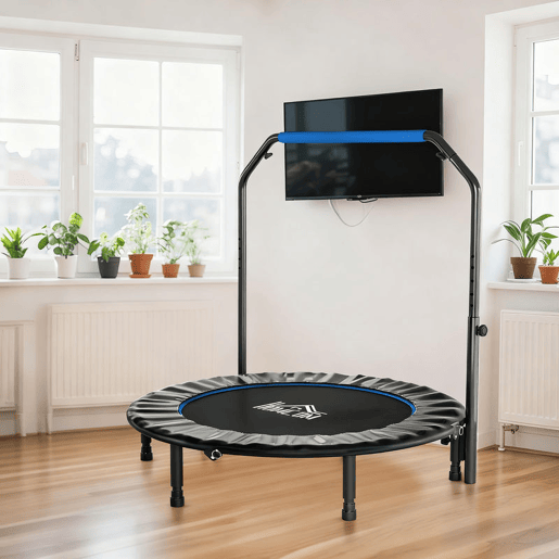 HOMCOM Trampolim Fitness Ø122 Trampolim Dobrável com Pega Ajustável em 4 Níveis Estrutura de Aço para Treino de Pernas Corpo em Casa Escritório Ginásio Azul