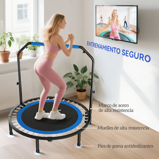 HOMCOM Trampolim Fitness Ø122 Trampolim Dobrável com Pega Ajustável em 4 Níveis Estrutura de Aço para Treino de Pernas Corpo em Casa Escritório Ginásio Azul