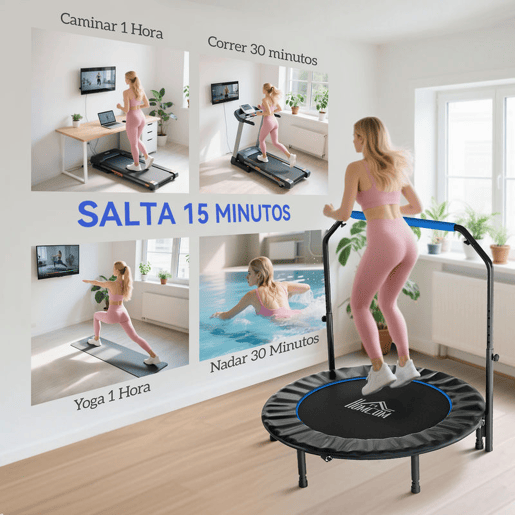 HOMCOM Trampolim Fitness Ø122 Trampolim Dobrável com Pega Ajustável em 4 Níveis Estrutura de Aço para Treino de Pernas Corpo em Casa Escritório Ginásio Azul