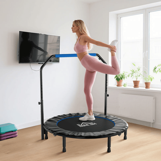 HOMCOM Trampolim Fitness Ø122 Trampolim Dobrável com Pega Ajustável em 4 Níveis Estrutura de Aço para Treino de Pernas Corpo em Casa Escritório Ginásio Azul