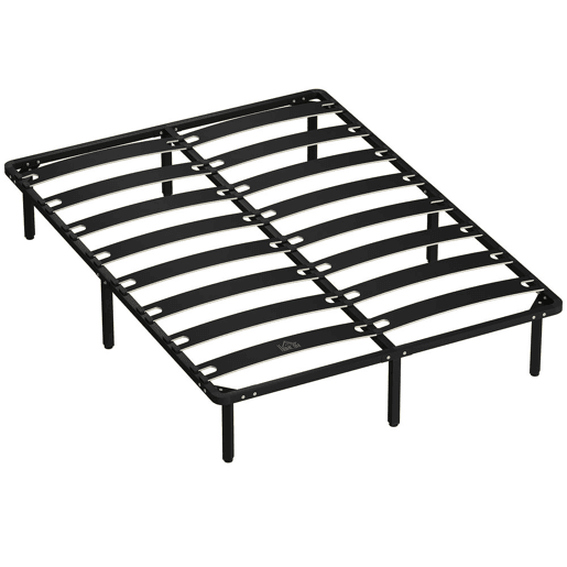 HOMCOM Estrado 140x190 cm Altura 26 cm Estrutura de Cama de Plataforma de Aço com Espaço de Armazenamento por Baixo e Ripas de Álamo Fácil de Montar Carga 350 kg Preto