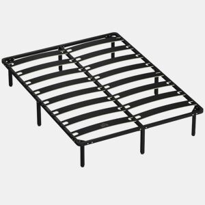 HOMCOM Estrado 140x190 cm Altura 26 cm Estrutura de Cama de Plataforma de Aço com Espaço de Armazenamento por Baixo e Ripas de Álamo Fácil de Montar Carga 350 kg Preto