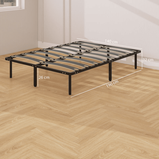 HOMCOM Estrado 140x190 cm Altura 26 cm Estrutura de Cama de Plataforma de Aço com Espaço de Armazenamento por Baixo e Ripas de Álamo Fácil de Montar Carga 350 kg Preto