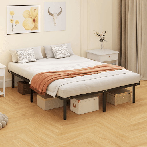 HOMCOM Estrado 140x190 cm Altura 26 cm Estrutura de Cama de Plataforma de Aço com Espaço de Armazenamento por Baixo e Ripas de Álamo Fácil de Montar Carga 350 kg Preto