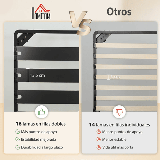HOMCOM Estrado 140x190 cm Altura 26 cm Estrutura de Cama de Plataforma de Aço com Espaço de Armazenamento por Baixo e Ripas de Álamo Fácil de Montar Carga 350 kg Preto