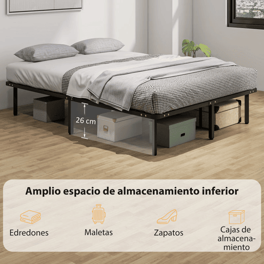 HOMCOM Estrado 140x190 cm Altura 26 cm Estrutura de Cama de Plataforma de Aço com Espaço de Armazenamento por Baixo e Ripas de Álamo Fácil de Montar Carga 350 kg Preto