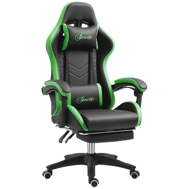 Vinsetto silla gaming ergonómica, silla gamer de cuero pu con reclinable 135°, soporte lumbar, altura ajustable, reposacabezas y reposapiés retráctil, para oficina, estudio, negro y verde