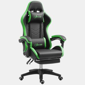 Vinsetto Cadeira Gaming Reclinável até 135° com Suporte Lombar Altura Ajustável Almofada de Cabeça e Apoio para os Pés Retrátil 65x65x121-129 cm Preto e Verde