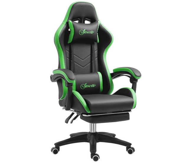 Vinsetto silla gaming ergonómica, silla gamer de cuero pu con reclinable 135°, soporte lumbar, altura ajustable, reposacabezas y reposapiés retráctil, para oficina, estudio, negro y verde
